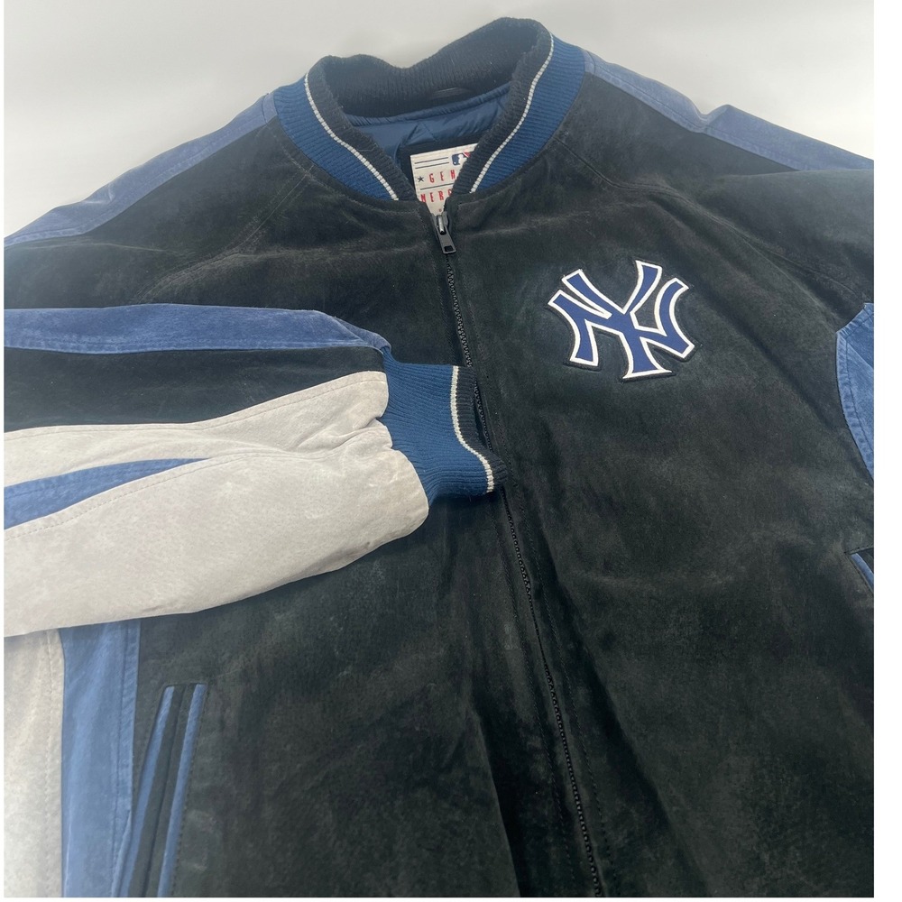 Vintage New York Yankees Leather Suede Bomber Jacket Blue Black Mens XL